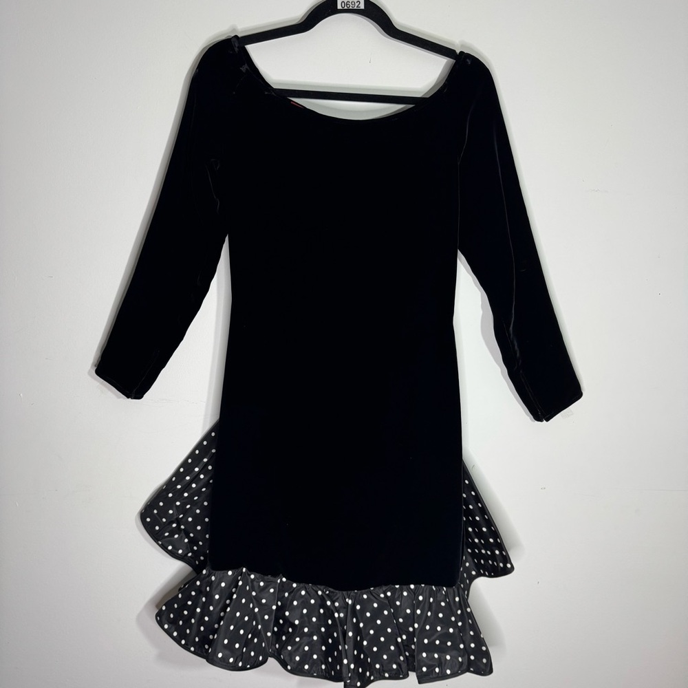 Vintage Valentino Night Black Velvet Cocktail Dress Bow Ruffle Italy 10